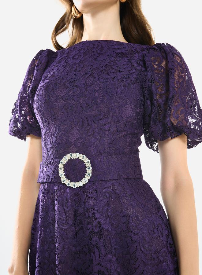 House of Moda Women Floral Lace Puff Sleeve Midi Dress - Image 4